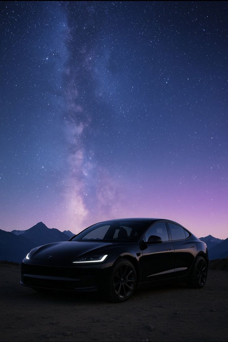 Black Tesla Model 3 Highland under the Milky Way