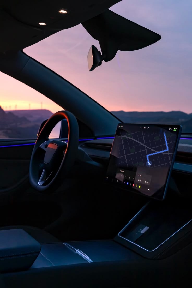 Tesla Model 3 cockpit with navigation on the screen